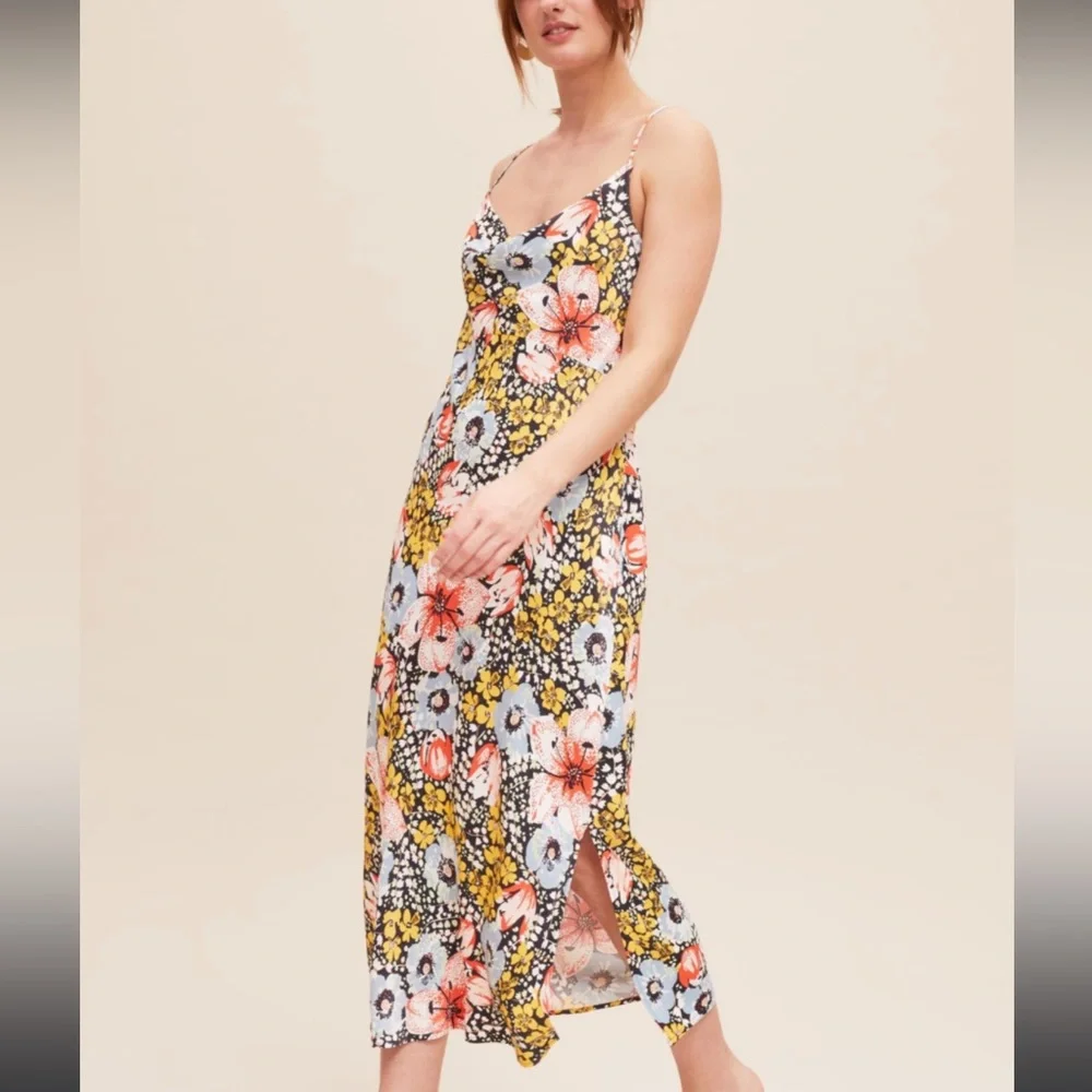 Anthropologie Elyse Floral Byas Cut Slip Dress Side Slit Midi Dress Size XS - Picture 3 of 12